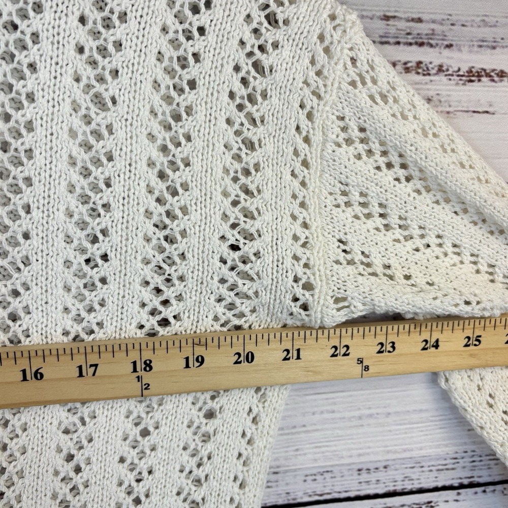 Preppy Tennis Cardigan L Loose Knit Sweater Pockets White Black V-Neck Pointelle - Picture 6 of 6